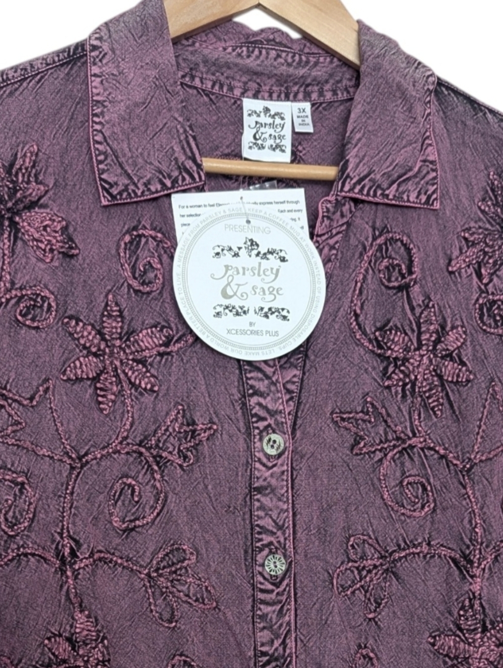 Parsley & Sage Embroidered Button-Down Top in Plum Size 3X